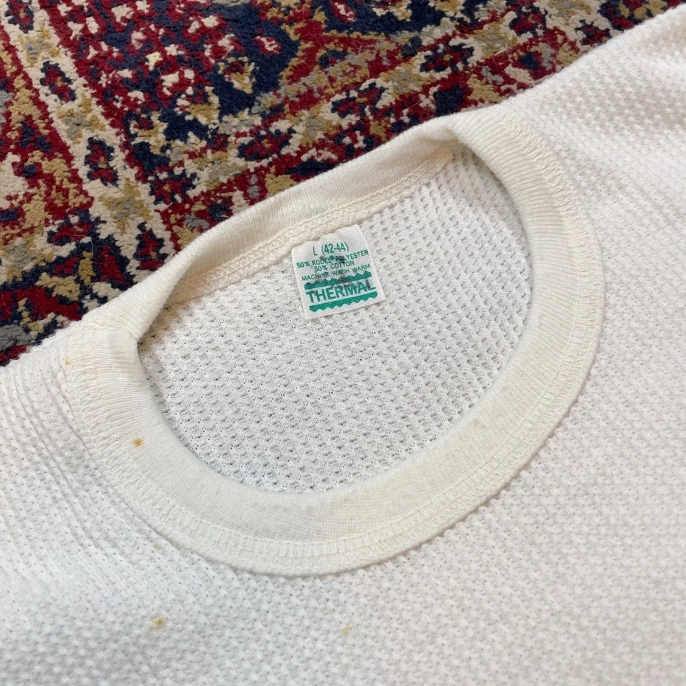 Mens White Thermal Long Sleeve Crew Neck Shirt L 42-44 50% Polyester 50% Cotton‎